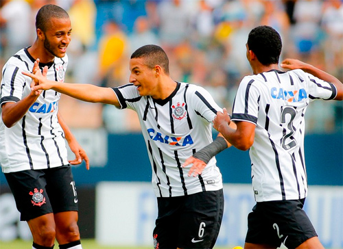 Jogadores corintianos comemoram gol na Arena Barueri (Rodrigo Coca/Agência Corinthians)