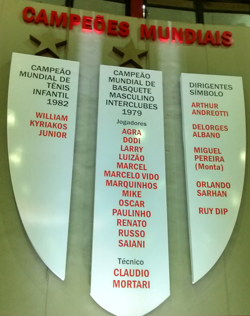 Homenagem aos campeões de 1979 na parede do ginásio do Sírio (Esportividade)